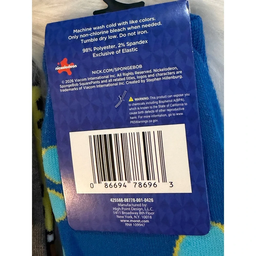 SpongeBob SquarePants Crew Socks 2 Pair Set Grey Blue Mens Size 6.5-12 New